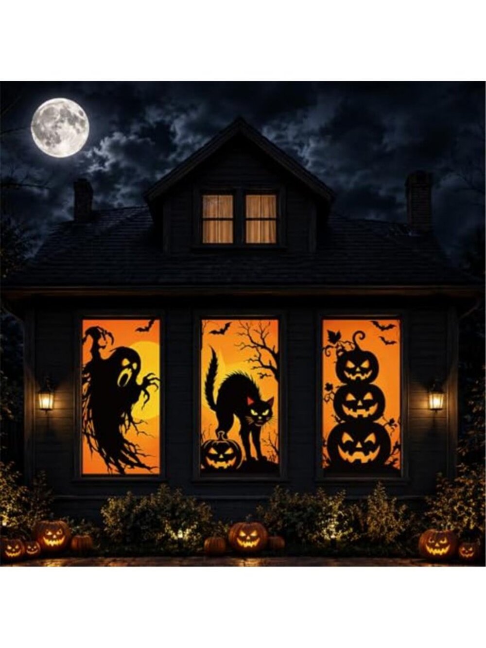 3 Pcs Halloween Ghost Silhouette Window Decor Large Ghost Black Cat Pumpkin